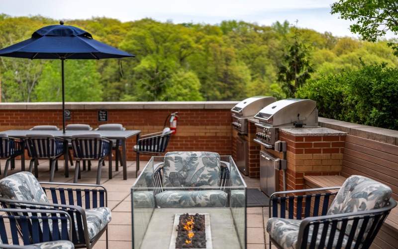 Outdoor terrace with firepit, BBQ, and dining area